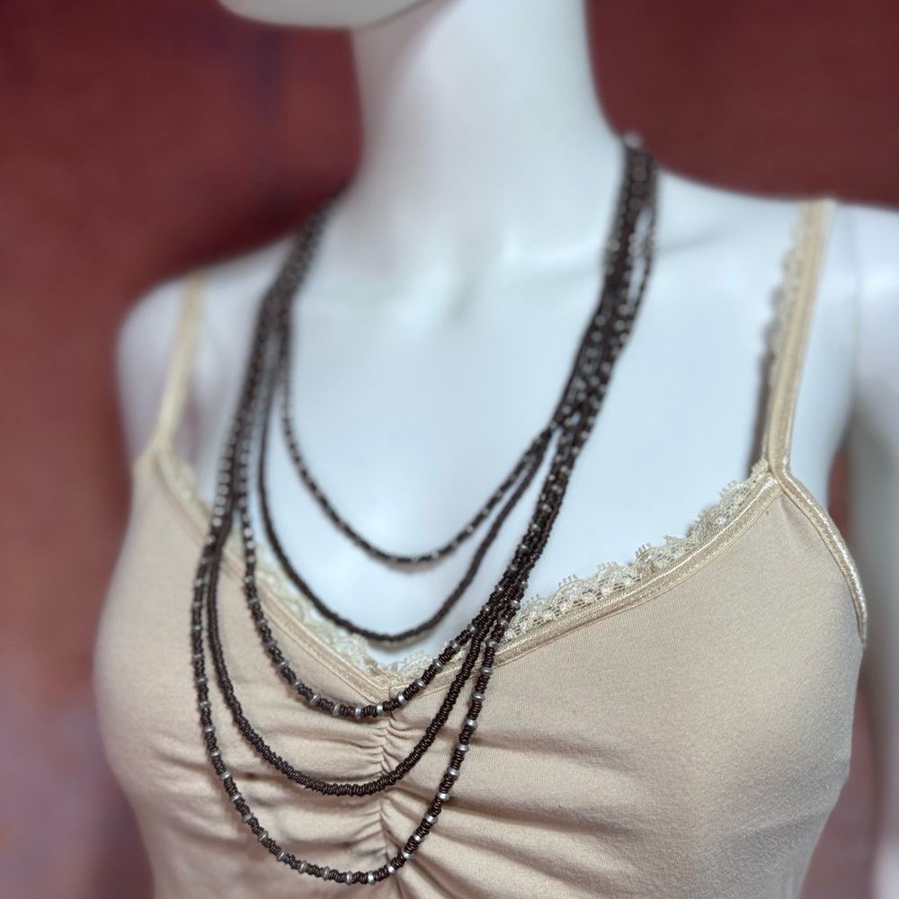 NWT Elegant Multi-Layered Brown & Silver Beaded Necklace